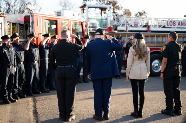 President Donald J. Trump and First Lady Melania Trump greet Los Angeles firefighters as they tour the Pacific Palisades neighborhood affected by recent wildfires in Los Angeles, Friday, Jan. 24, 2025. (Official White House Photo by Andrea Hanks)