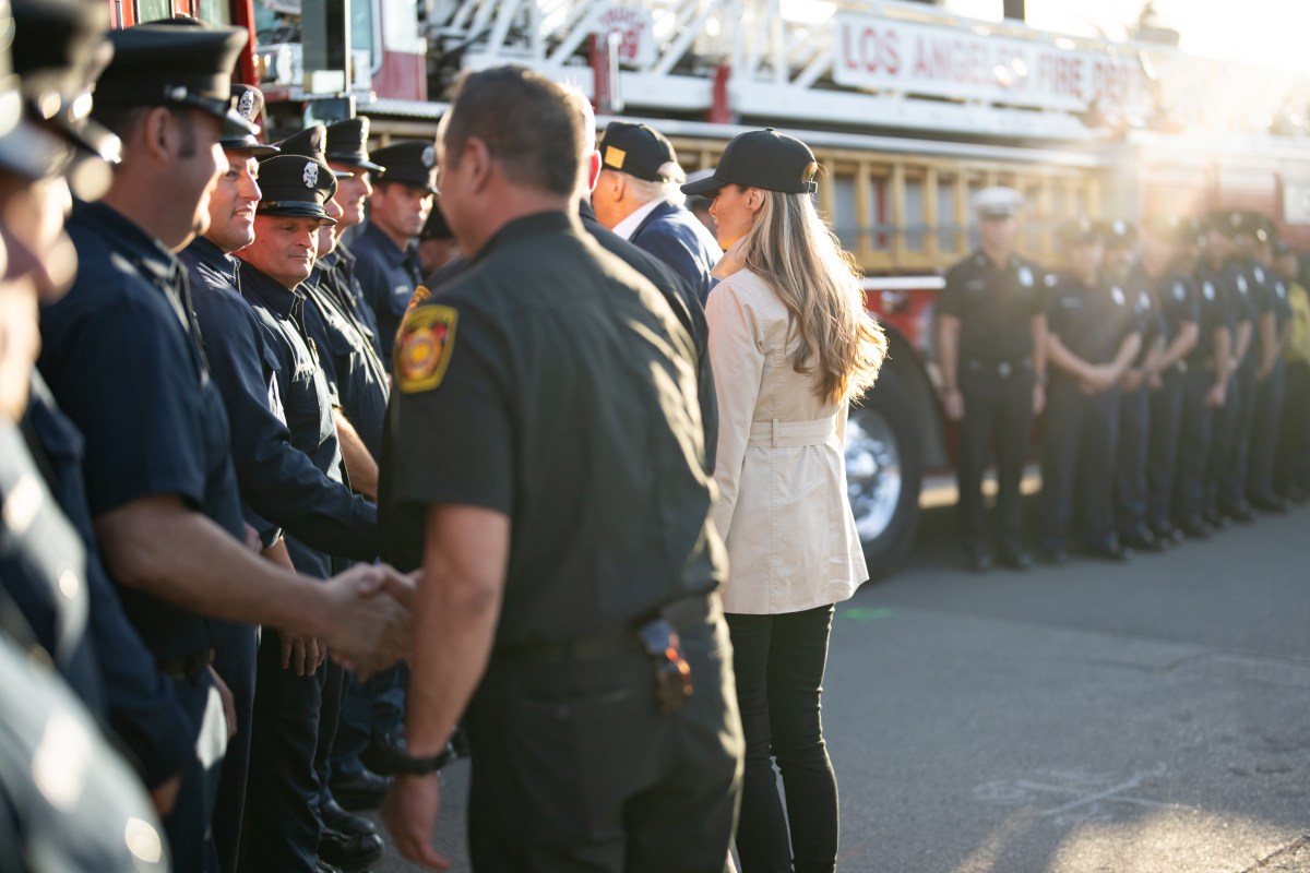 President Donald J. Trump and First Lady Melania Trump greet Los Angeles firefighters as they tour the Pacific Palisades neighborhood affected by recent wildfires in Los Angeles, Friday, Jan. 24, 2025. (Official White House Photo by Andrea Hanks)