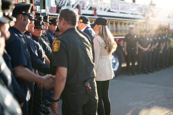 President Donald J. Trump and First Lady Melania Trump greet Los Angeles firefighters as they tour the Pacific Palisades neighborhood affected by recent wildfires in Los Angeles, Friday, Jan. 24, 2025. (Official White House Photo by Andrea Hanks)
