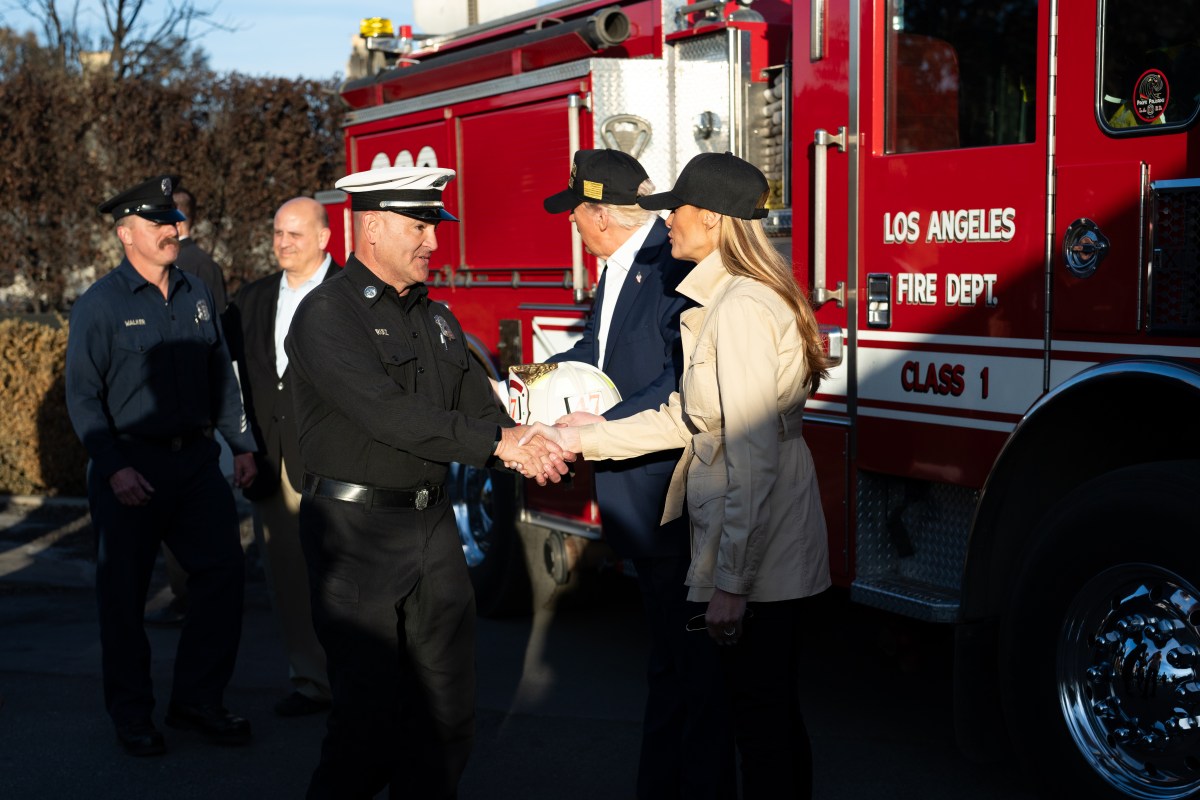 President Donald J. Trump and First Lady Melania Trump greet Los Angeles firefighters as they tour the Pacific Palisades neighborhood affected by recent wildfires in Los Angeles, Friday, Jan. 24, 2025. (Official White House Photo by Andrea Hanks)