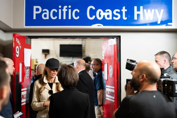 President Donald J. Trump and First Lady Melania Trump participate in a briefing after a tour of the Pacific Palisades neighborhood affected by recent wildfires in Los Angeles, Friday, Jan. 24, 2025 (Official White House Photo by Andrea Hanks)