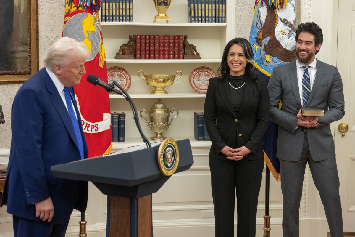 President Donald J. Trump speaks before Tulsi Gabbard is sworn in as the Director of National Intelligence in the Oval Office of the White House, Wednesday, February 12, 2025. (Official White House Photo by Daniel Torok)President Donald J. Trump congratulates Tulsi Gabbard after she was sworn in as the Director of National Intelligence in the Oval Office of the White House, Wednesday, February 12, 2025. (Official White House Photo by Daniel Torok)President Donald J. Trump with Tulsi Gabbard after she was sworn in as the Director of National Intelligence in the Oval Office of the White House, Wednesday, February 12, 2025. (Official White House Photo by Daniel Torok)Attorney General Pam Bondi swears in Tulsi Gabbard as the Director of National Intelligence in the Oval Office, Wednesday, February 12, 2025. (Official White House Photo by Daniel Torok) (Official White House Photo by Daniel Torok)