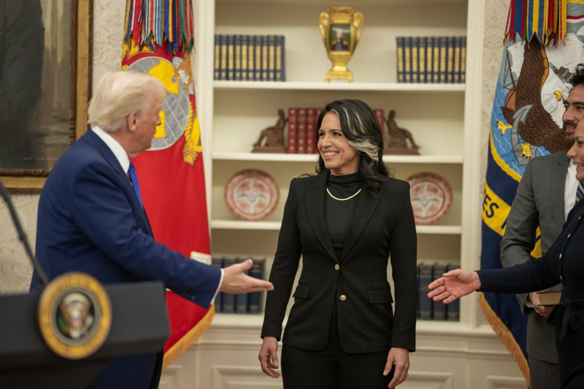President Donald J. Trump speaks before Tulsi Gabbard is sworn in as the Director of National Intelligence in the Oval Office of the White House, Wednesday, February 12, 2025. (Official White House Photo by Daniel Torok)President Donald J. Trump congratulates Tulsi Gabbard after she was sworn in as the Director of National Intelligence in the Oval Office of the White House, Wednesday, February 12, 2025. (Official White House Photo by Daniel Torok)President Donald J. Trump with Tulsi Gabbard after she was sworn in as the Director of National Intelligence in the Oval Office of the White House, Wednesday, February 12, 2025. (Official White House Photo by Daniel Torok)Attorney General Pam Bondi swears in Tulsi Gabbard as the Director of National Intelligence in the Oval Office, Wednesday, February 12, 2025. (Official White House Photo by Daniel Torok) (Official White House Photo by Daniel Torok)
