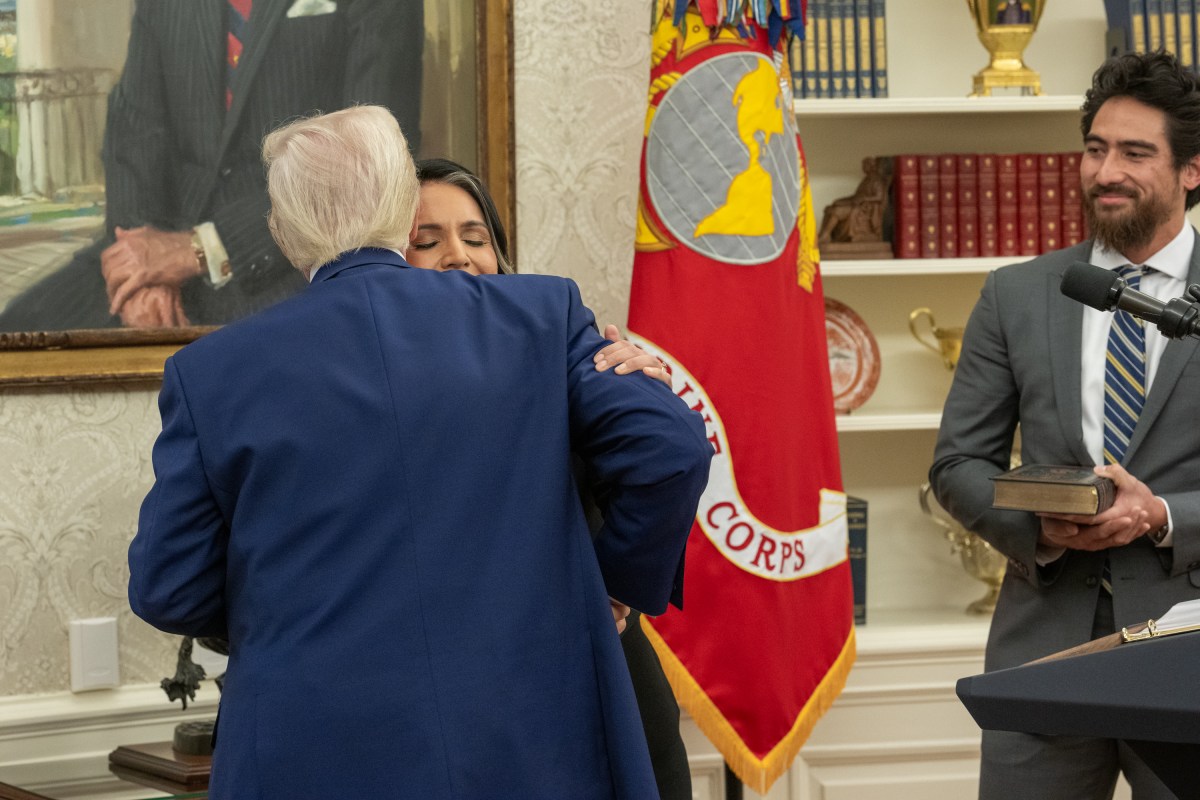 President Donald J. Trump speaks before Tulsi Gabbard is sworn in as the Director of National Intelligence in the Oval Office of the White House, Wednesday, February 12, 2025. (Official White House Photo by Daniel Torok)President Donald J. Trump congratulates Tulsi Gabbard after she was sworn in as the Director of National Intelligence in the Oval Office of the White House, Wednesday, February 12, 2025. (Official White House Photo by Daniel Torok)President Donald J. Trump with Tulsi Gabbard after she was sworn in as the Director of National Intelligence in the Oval Office of the White House, Wednesday, February 12, 2025. (Official White House Photo by Daniel Torok)Attorney General Pam Bondi swears in Tulsi Gabbard as the Director of National Intelligence in the Oval Office, Wednesday, February 12, 2025. (Official White House Photo by Daniel Torok) (Official White House Photo by Daniel Torok)