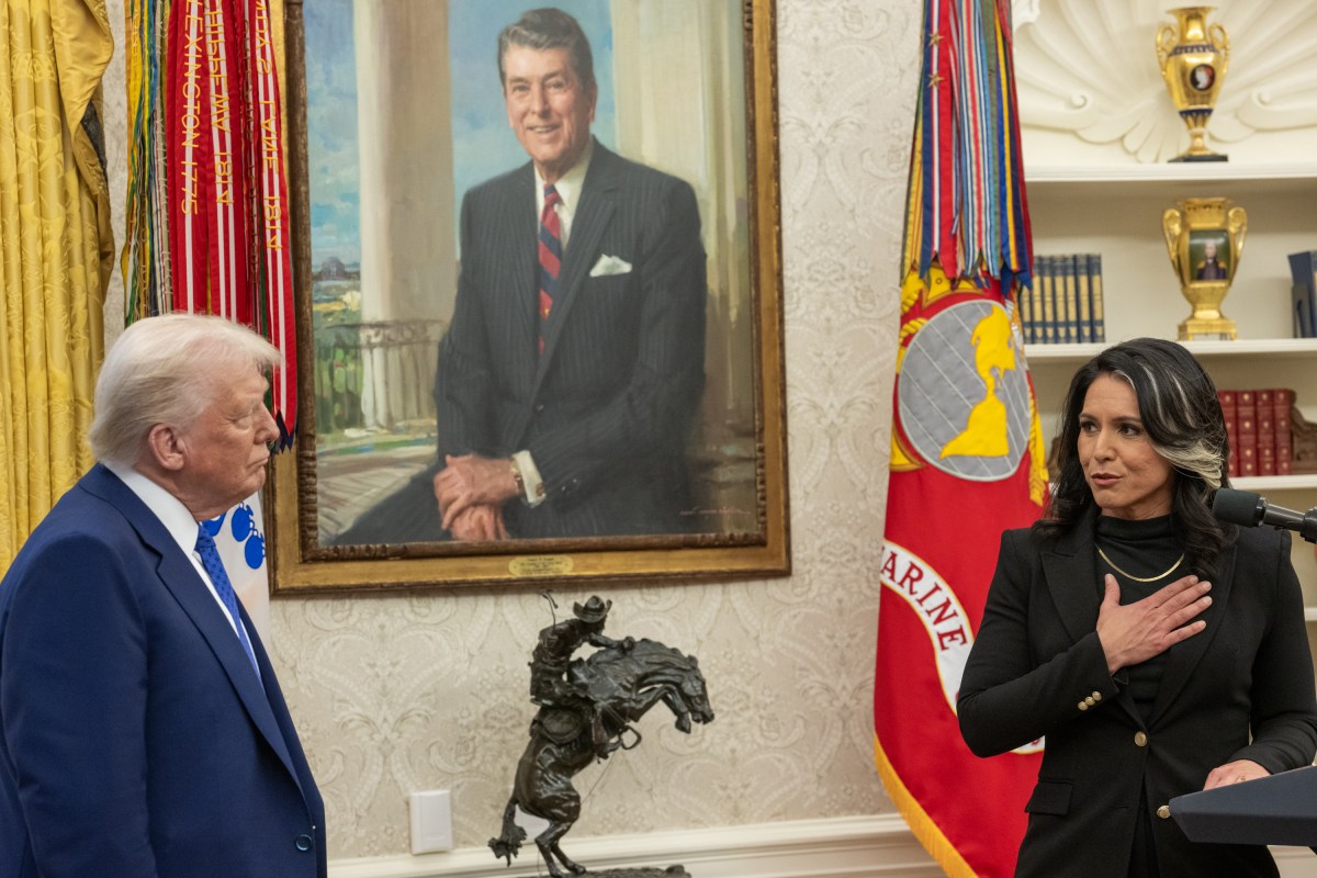 President Donald J. Trump speaks before Tulsi Gabbard is sworn in as the Director of National Intelligence in the Oval Office of the White House, Wednesday, February 12, 2025. (Official White House Photo by Daniel Torok)President Donald J. Trump congratulates Tulsi Gabbard after she was sworn in as the Director of National Intelligence in the Oval Office of the White House, Wednesday, February 12, 2025. (Official White House Photo by Daniel Torok)President Donald J. Trump with Tulsi Gabbard after she was sworn in as the Director of National Intelligence in the Oval Office of the White House, Wednesday, February 12, 2025. (Official White House Photo by Daniel Torok)Attorney General Pam Bondi swears in Tulsi Gabbard as the Director of National Intelligence in the Oval Office, Wednesday, February 12, 2025. (Official White House Photo by Daniel Torok) (Official White House Photo by Daniel Torok)