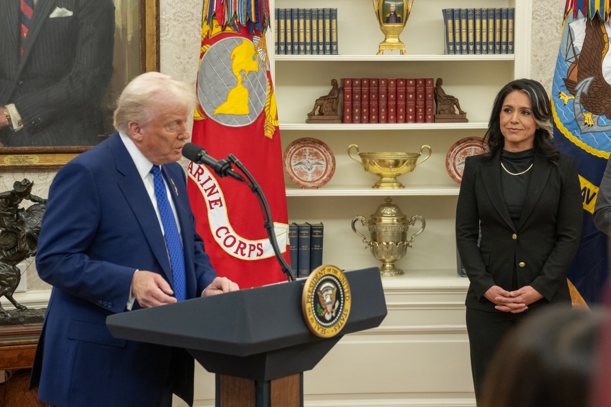 President Donald J. Trump speaks before Tulsi Gabbard is sworn in as the Director of National Intelligence in the Oval Office of the White House, Wednesday, February 12, 2025. (Official White House Photo by Daniel Torok)President Donald J. Trump congratulates Tulsi Gabbard after she was sworn in as the Director of National Intelligence in the Oval Office of the White House, Wednesday, February 12, 2025. (Official White House Photo by Daniel Torok)President Donald J. Trump with Tulsi Gabbard after she was sworn in as the Director of National Intelligence in the Oval Office of the White House, Wednesday, February 12, 2025. (Official White House Photo by Daniel Torok)Attorney General Pam Bondi swears in Tulsi Gabbard as the Director of National Intelligence in the Oval Office, Wednesday, February 12, 2025. (Official White House Photo by Daniel Torok) (Official White House Photo by Daniel Torok)
