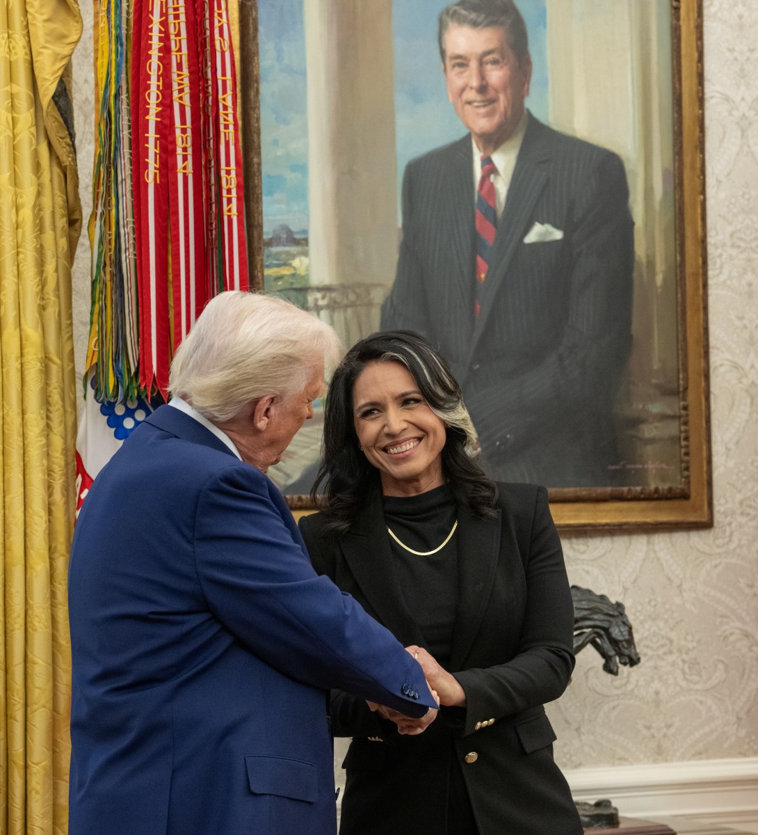 President Donald J. Trump speaks before Tulsi Gabbard is sworn in as the Director of National Intelligence in the Oval Office of the White House, Wednesday, February 12, 2025. (Official White House Photo by Daniel Torok)President Donald J. Trump congratulates Tulsi Gabbard after she was sworn in as the Director of National Intelligence in the Oval Office of the White House, Wednesday, February 12, 2025. (Official White House Photo by Daniel Torok)President Donald J. Trump with Tulsi Gabbard after she was sworn in as the Director of National Intelligence in the Oval Office of the White House, Wednesday, February 12, 2025. (Official White House Photo by Daniel Torok)Attorney General Pam Bondi swears in Tulsi Gabbard as the Director of National Intelligence in the Oval Office, Wednesday, February 12, 2025. (Official White House Photo by Daniel Torok) (Official White House Photo by Daniel Torok)