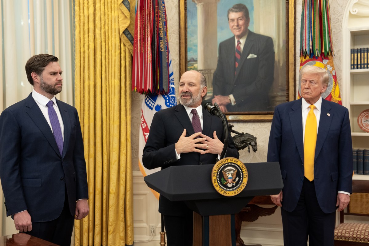 President Donald Trump makes remarks at the swearing-in of Commerce Secretary Howard Lutnick, Friday, February 21, 2025, in the Oval Office.Commerce Secretary Howard Lutnick is sworn in Friday, February 21, 2025, in the Oval Office.(Official White House Photo by Joyce N. Boghosian)