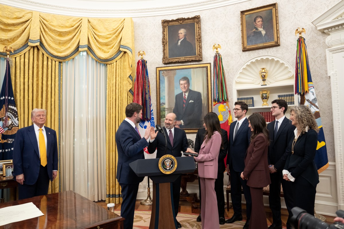 President Donald Trump makes remarks at the swearing-in of Commerce Secretary Howard Lutnick, Friday, February 21, 2025, in the Oval Office.Commerce Secretary Howard Lutnick is sworn in Friday, February 21, 2025, in the Oval Office.(Official White House Photo by Joyce N. Boghosian)