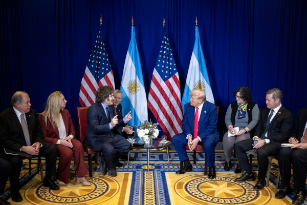 President Donald Trump meets with Argentina’s President Javier Milei at the Gaylord National Resort & Convention Center in Oxon Hill, Maryland, on Saturday, February 22, 2025. (Official White House Photo by Molly Riley)
