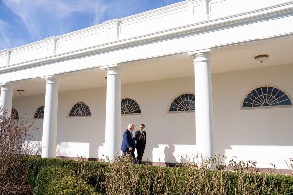 President Donald Trump walks along the West Colonnade with French President Emmanuel Macron, Monday, February 24, 2025.(Official White House Photo by Joyce N. Boghosian)