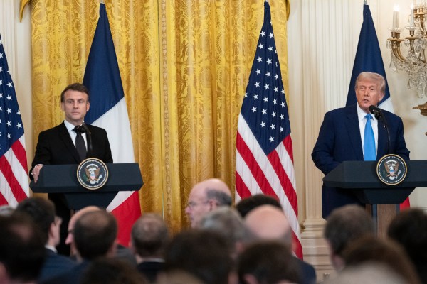 President Donald Trump and French President Emmanuel Macron hold a joint press conference, Monday, February 24, 2025, in the East Room of the White House.(Official White House Photo by Joyce N. Boghosian)