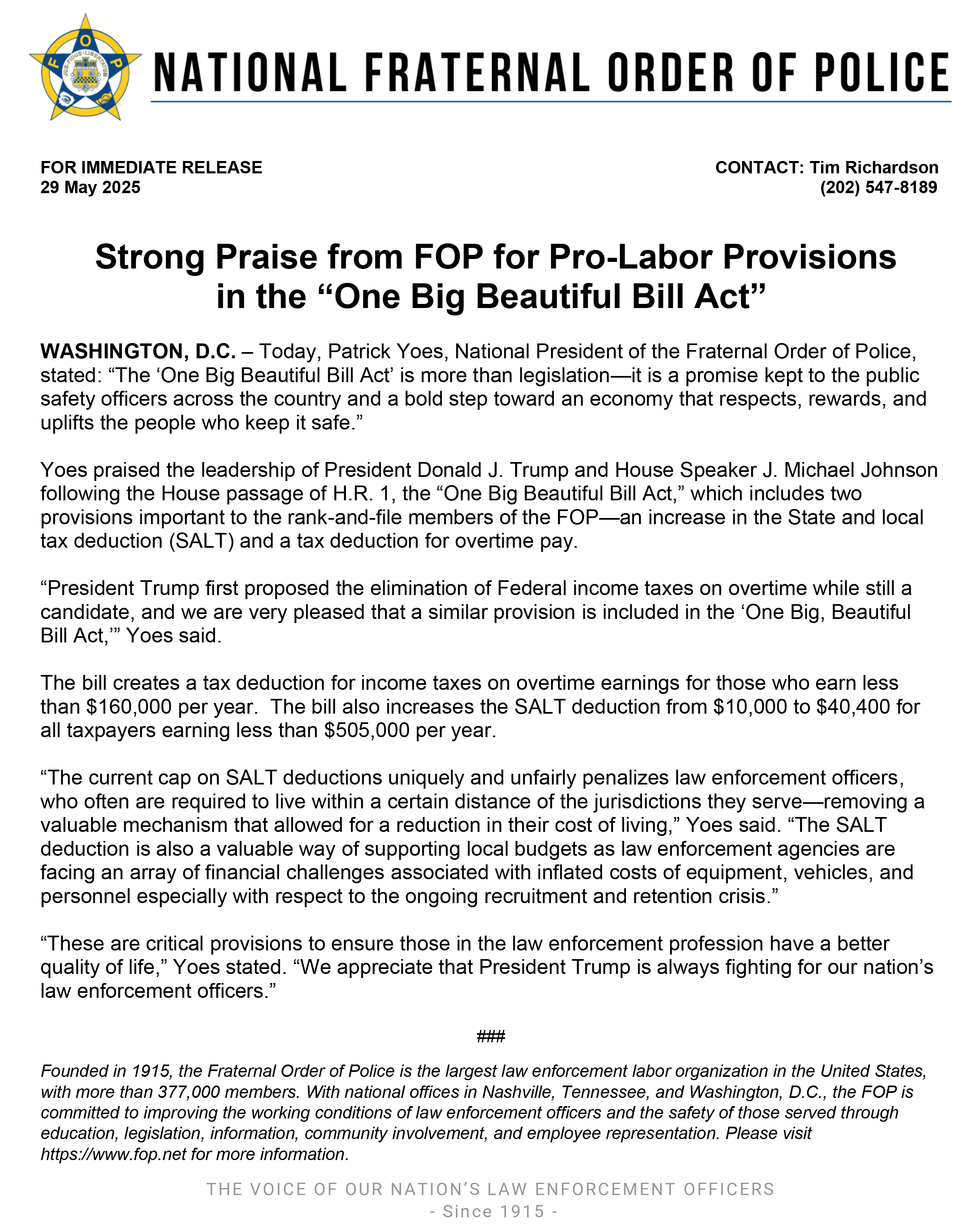 Strong Praise from FOP for Pro-Labor Provisions in the “One Big Beautiful Bill Act”
