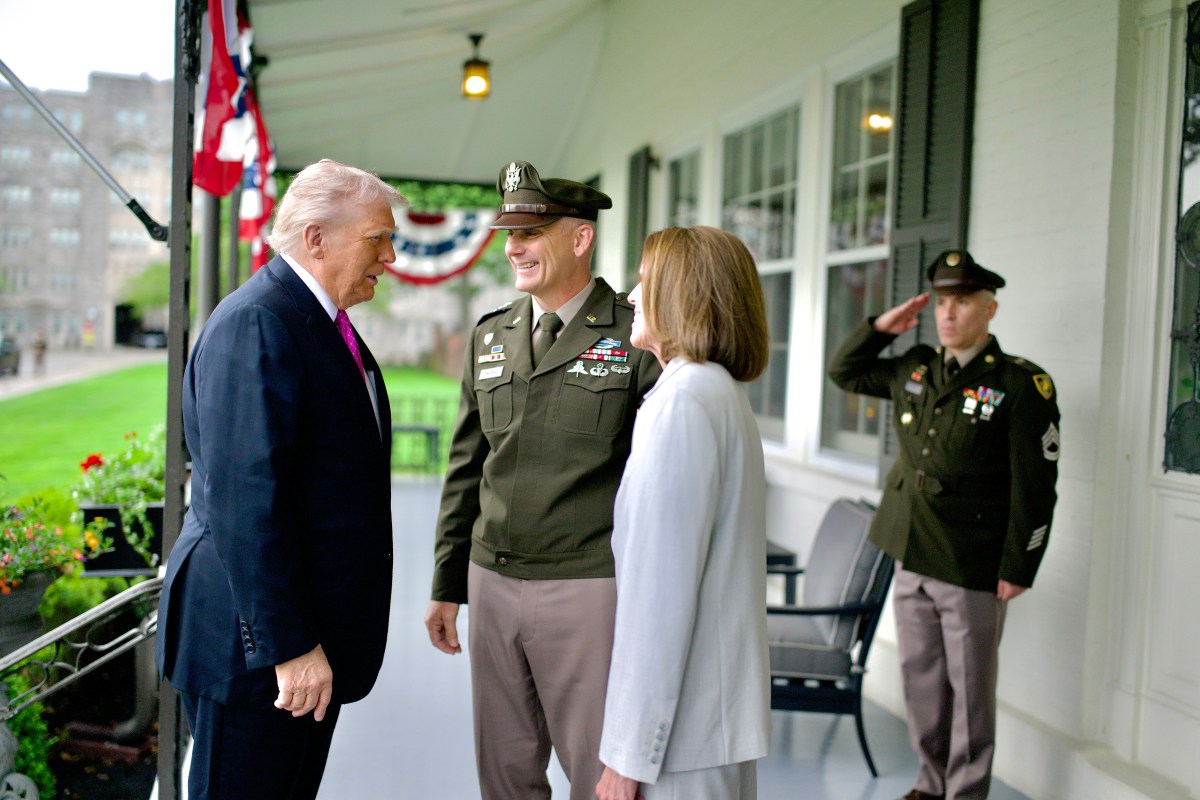 President Donald Trump greets LTG Steven Gilland, superintendent of West Point Military Academy, and members of his family in the superintendent quarters, Saturday, May 24, 2025, at West Point Military Academy, New York. (Official White House Photo by Daniel Torok)