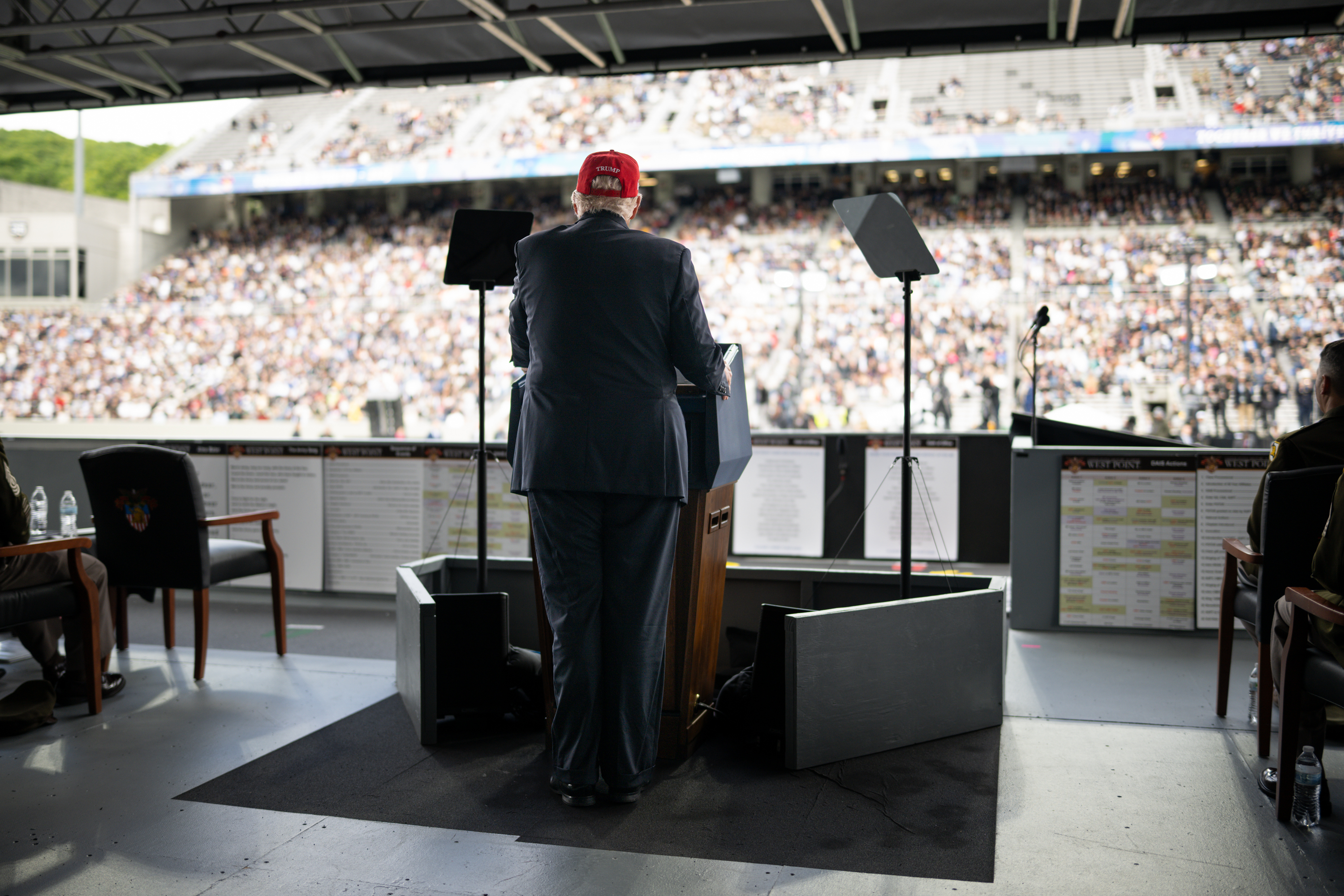 President Donald Trump delivers remarks at the 2025 U.S. Military Academy commencement at Michie Stadium, Saturday, May 24, 2025, in West Point, New York. (Official White House Photo by Daniel Torok)
