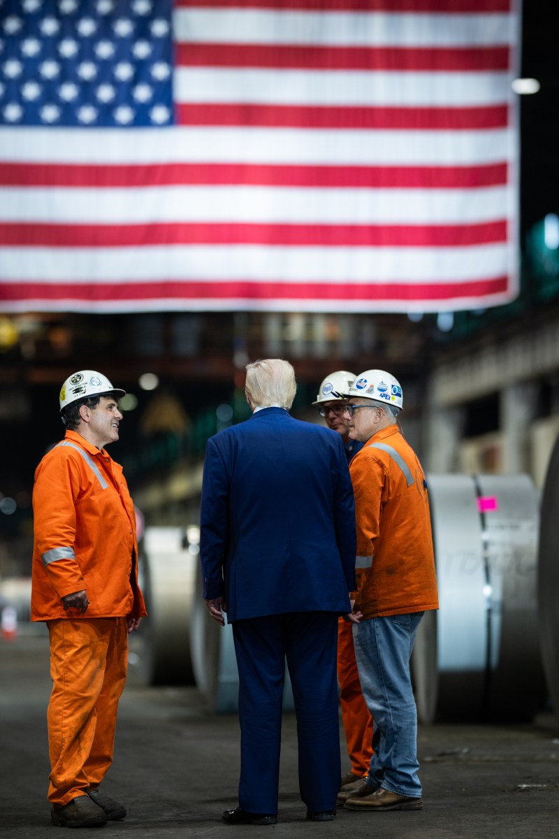President Donald Trump speaks with workers before delivering remarks on a partnership deal with U.S. Steel and Nippon Steel at the U.S. Steel Corporation-Irvin Works in West Mifflin, Pennsylvania, Friday, May 30, 2025.(Official White House Photo by Daniel Torok)