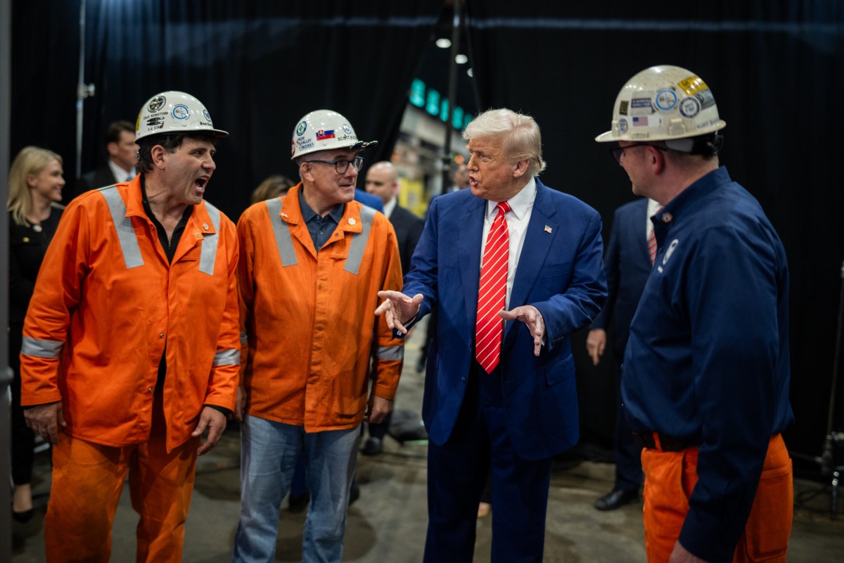 President Donald Trump speaks with workers before delivering remarks on a partnership deal with U.S. Steel and Nippon Steel at the U.S. Steel Corporation-Irvin Works in West Mifflin, Pennsylvania, Friday, May 30, 2025.(Official White House Photo by Daniel Torok)