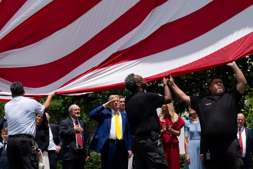 President Donald Trump watches the United States flag is raised on the newly installed flagpole on the South Lawn of the White House, Wednesday, June 18, 2025. (Official White House Photo by Andrea Hanks)