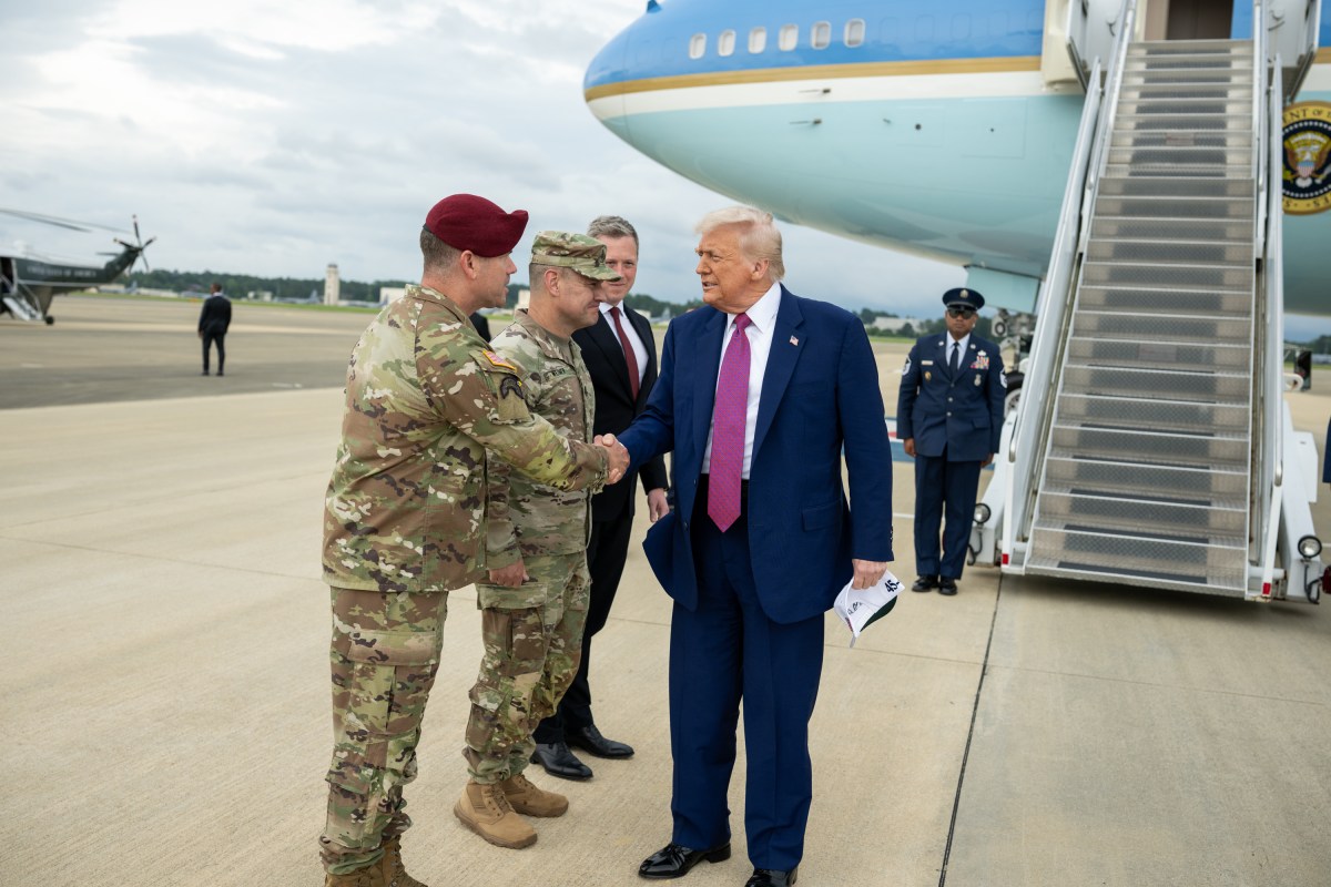 President Donald Trump greets soldiers and staff members after disembarking Air Force One at Pope Army Airfield in North Carolina, Tuesday, June 10, 2025. (Official White House Photo by Daniel Torok)