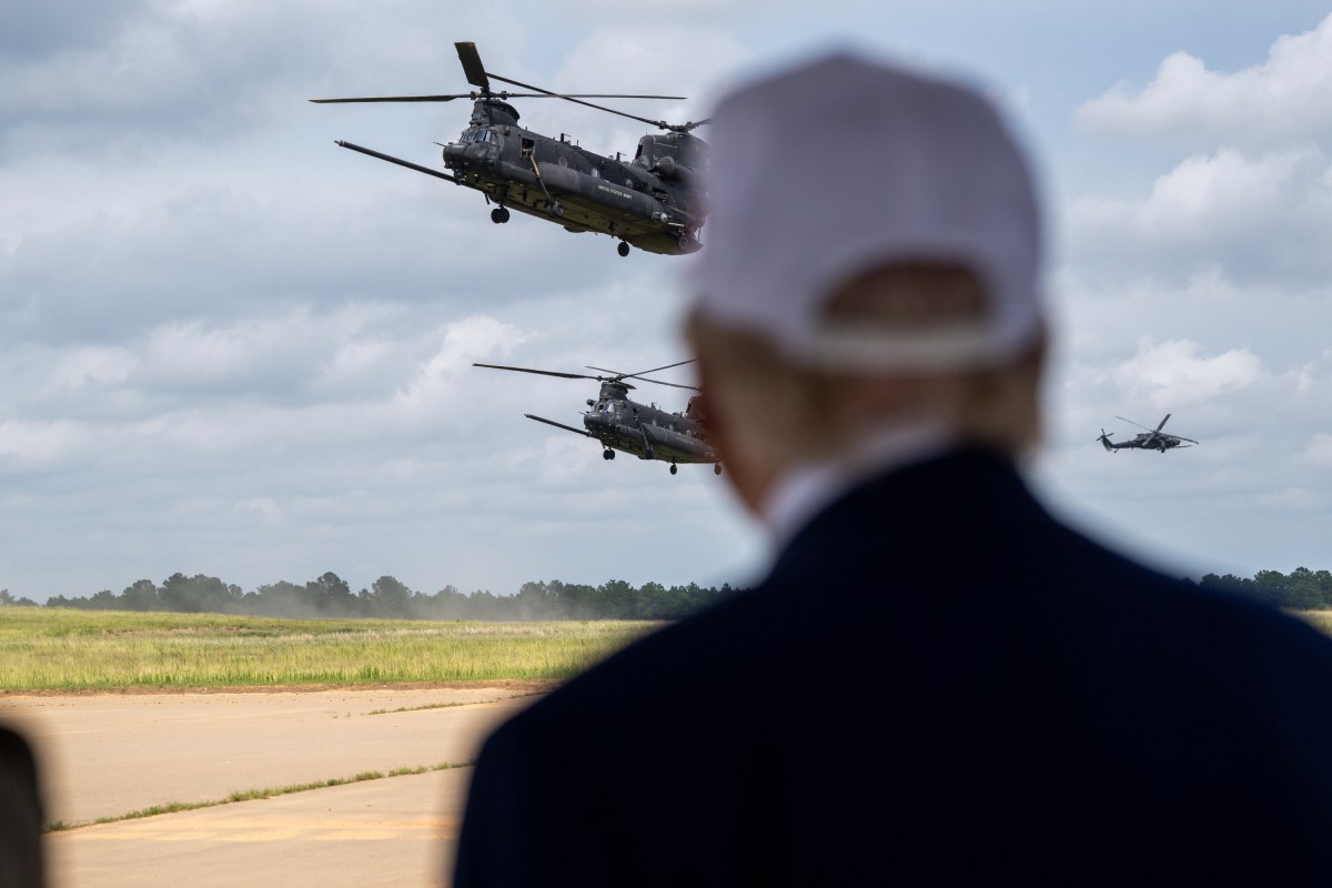 President Donald Trump observes a military demonstration at Fort Bragg, North Carolina on Tuesday, June 10, 2025, during a visit to commemorate the 250th anniversary of the U.S. Army. (Official White House Photo by Daniel Torok)