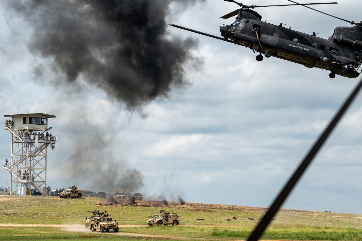 President Donald Trump observes a military demonstration at Fort Bragg, North Carolina on Tuesday, June 10, 2025, during a visit to commemorate the 250th anniversary of the U.S. Army. (Official White House Photo by Daniel Torok)