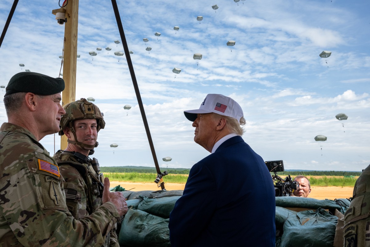 President Donald Trump observes a military demonstration at Fort Bragg, North Carolina on Tuesday, June 10, 2025, during a visit to commemorate the 250th anniversary of the U.S. Army. (Official White House Photo by Daniel Torok)