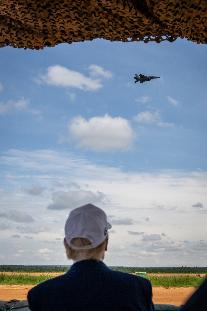 President Donald Trump observes a military demonstration at Fort Bragg, North Carolina on Tuesday, June 10, 2025, during a visit to commemorate the 250th anniversary of the U.S. Army. (Official White House Photo by Daniel Torok)