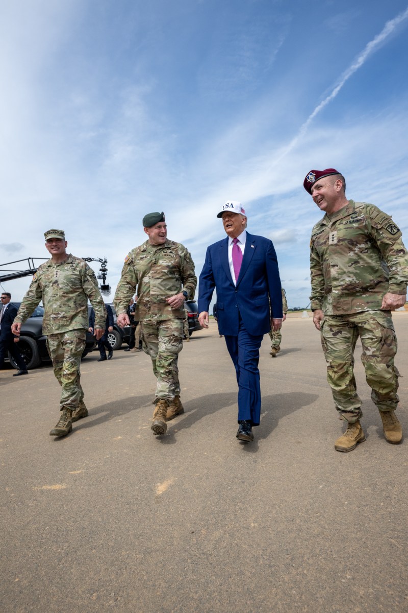 President Donald Trump speaks with members of the military demonstration at Fort Bragg, North Carolina on Tuesday, June 10, 2025, during a visit to commemorate the 250th anniversary of the U.S. Army. (Official White House Photo by Daniel Torok)