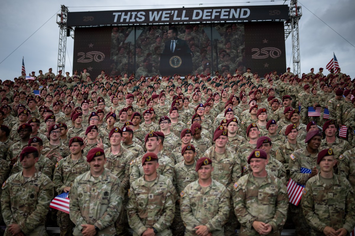 Members of the military listen to Secretary of Defense Pete Hegseth deliver remarks at Fort Bragg, North Carolina on Tuesday, June 10, 2025, during a visit to commemorate the 250th anniversary of the U.S. Army. (Official White House Photo by Daniel Torok)