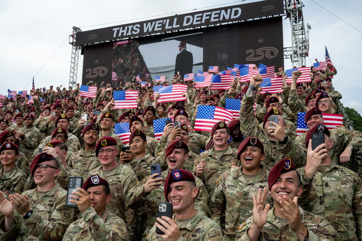 Members of the military cheer for President Donald Trump before he delivers remarks at Fort Bragg, North Carolina on Tuesday, June 10, 2025, during a visit to commemorate the 250th anniversary of the U.S. Army, Tuesday, June 10, 2025. (Official White House Photo by Daniel Torok)