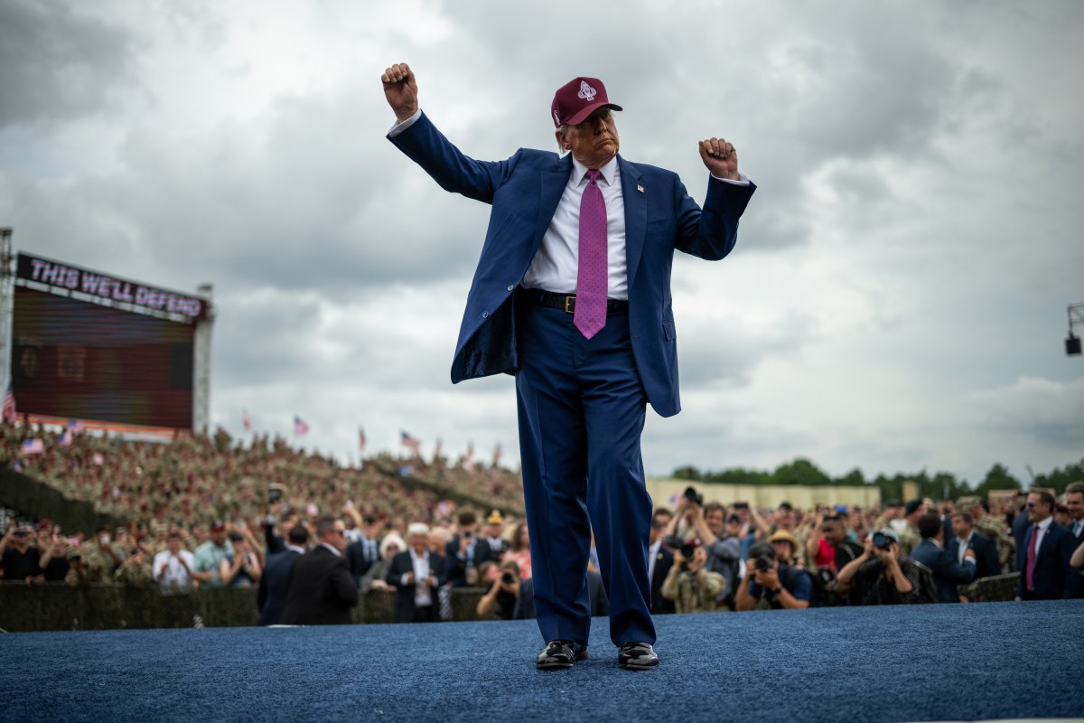President Donald Trump gestures to the crowd after delivering remarks at Fort Bragg, North Carolina on Tuesday, June 10, 2025, during a visit to commemorate the 250th anniversary of the U.S. Army. (Official White House Photo by Daniel Torok)