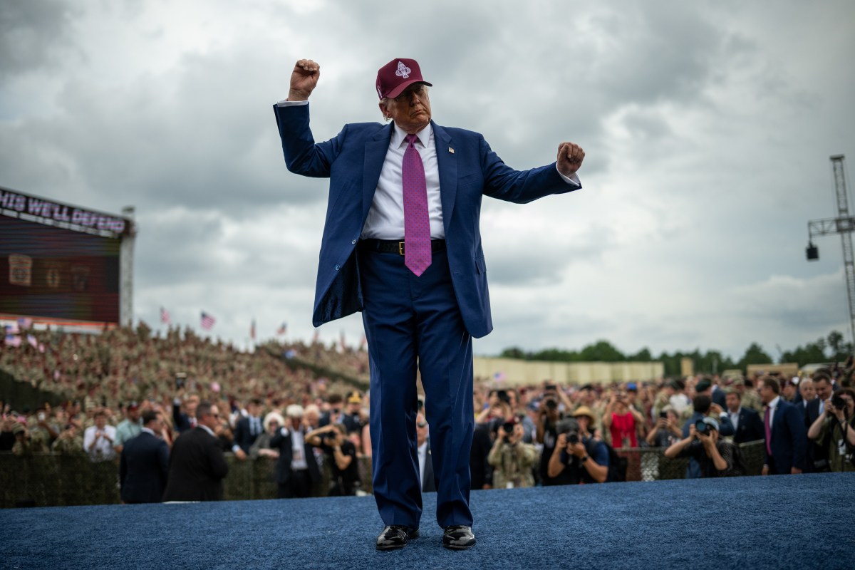 President Donald Trump gestures to the crowd after delivering remarks at Fort Bragg, North Carolina on Tuesday, June 10, 2025, during a visit to commemorate the 250th anniversary of the U.S. Army. (Official White House Photo by Daniel Torok)
