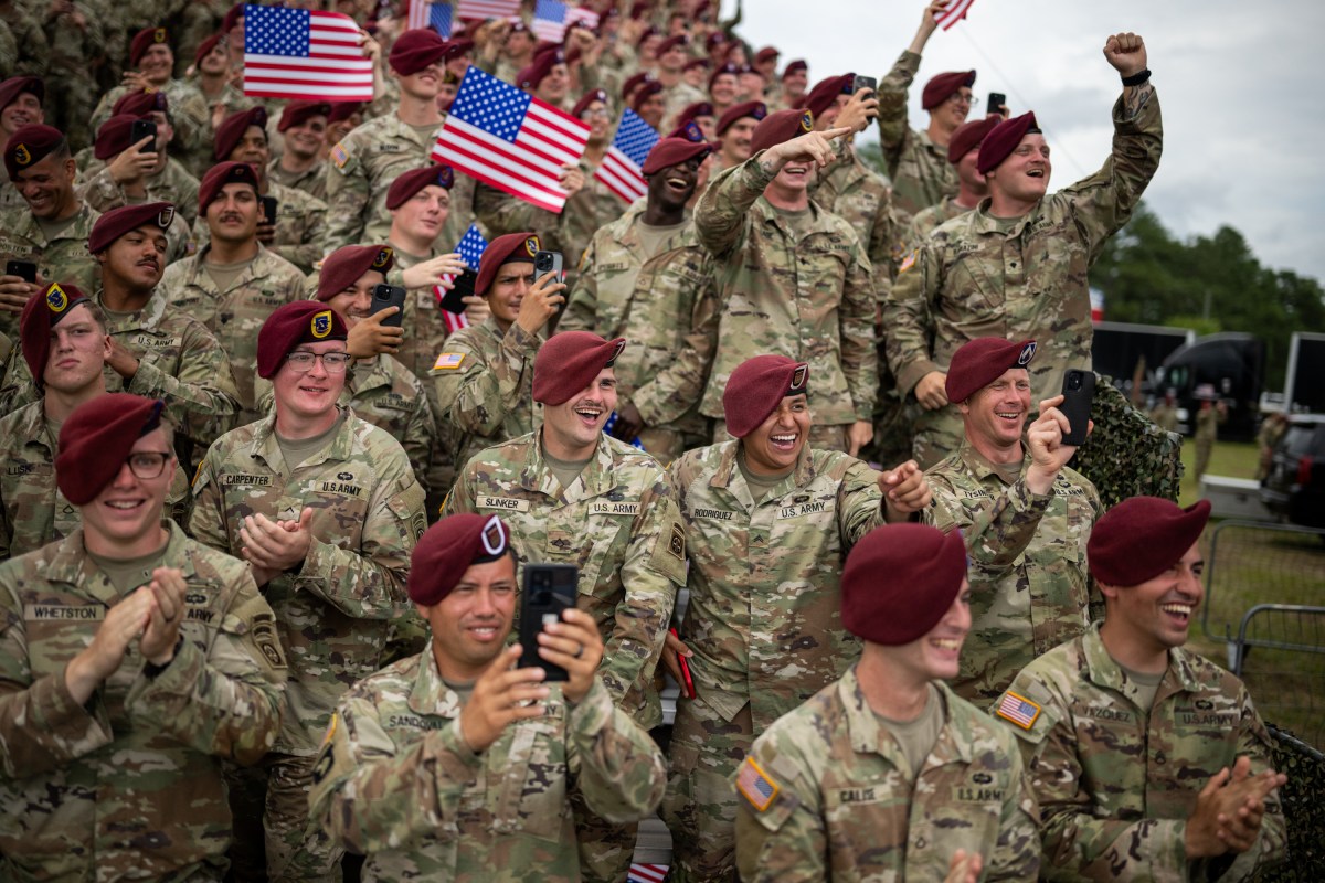 Troops cheer after President Donald Trump delivered remarks at Fort Bragg, North Carolina on Tuesday, June 10, 2025, during a visit to commemorate the 250th anniversary of the U.S. Army. (Official White House Photo by Daniel Torok)