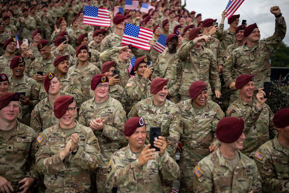 Troops cheer after President Donald Trump delivered remarks at Fort Bragg, North Carolina on Tuesday, June 10, 2025, during a visit to commemorate the 250th anniversary of the U.S. Army. (Official White House Photo by Daniel Torok)