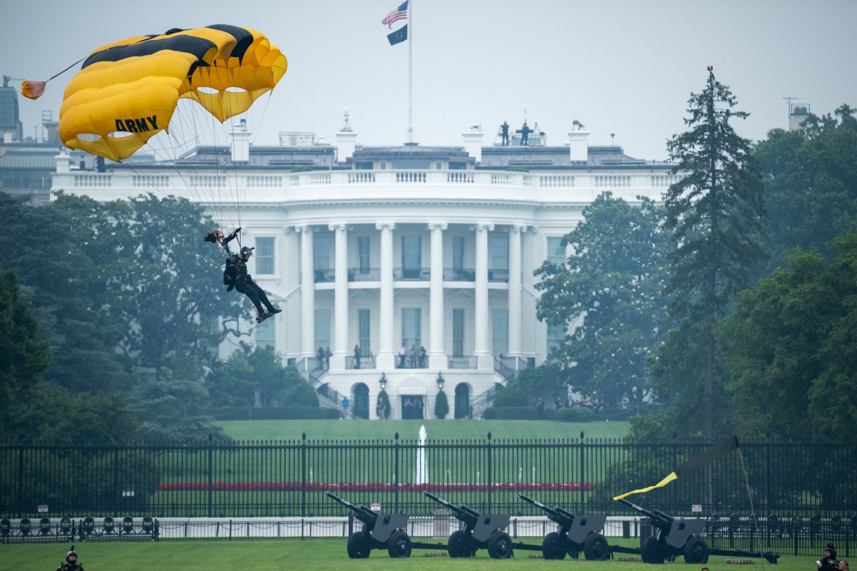 The Golden Knights parachute team jumps during a flyover at the U.S. Army Grand Parade and Celebration, Saturday, June 14, 2025, in Washington, D.C. (Official White House Photo by Daniel Torok)