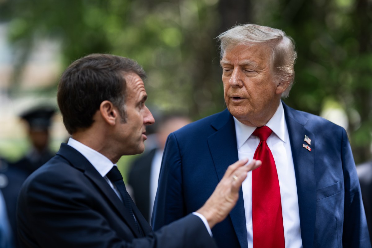 President Donald Trump talks with French President Emmanuel Macron before a welcome ceremony at the G7 Summit, Monday, June 16, 2025, in Kananaskis, Alberta, Canada. (Official White House Photo by Daniel Torok)