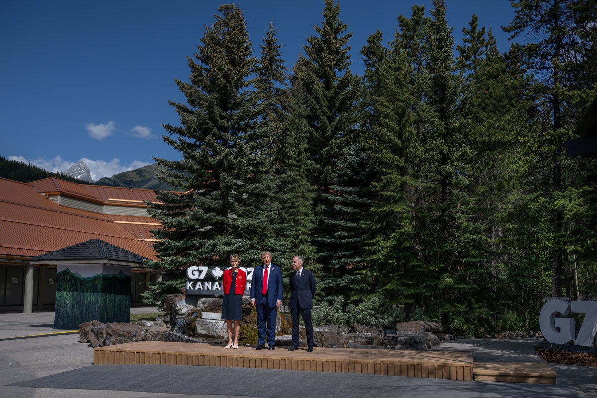 President Donald Trump is greeted by Canadian Prime Minister Mark Carney and his wife Diana Fox Carney during the official welcome at the G7 Summit, Monday, June 16, 2025, in Kananaskis, Alberta, Canada. (Official White House Photo by Daniel Torok)