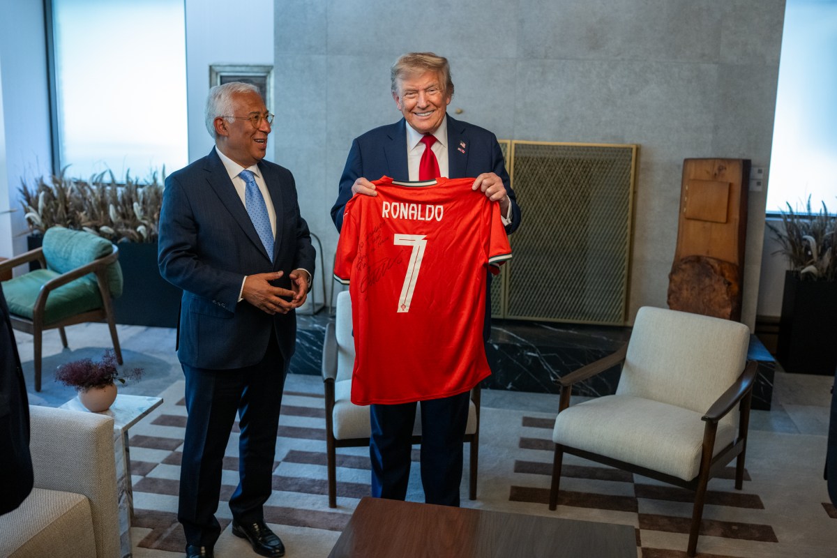 President Donald Trump is gifted a Ronaldo jersey by European Council President Antonio Costa at the G7 Summit, Monday, June 16, 2025, in Kananaskis, Alberta, Canada. (Official White House Photo by Daniel Torok)
