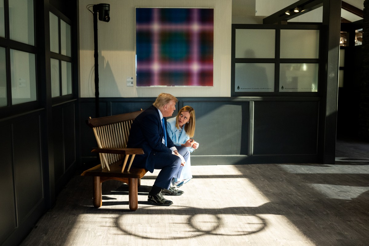 President Donald Trump and Italian Prime Minister Giorgia Meloni talk during a break at the G7 summit, Monday, June 16, 2025, in Kananaskis, Alberta, Canada. (Official White House Photo by Daniel Torok)