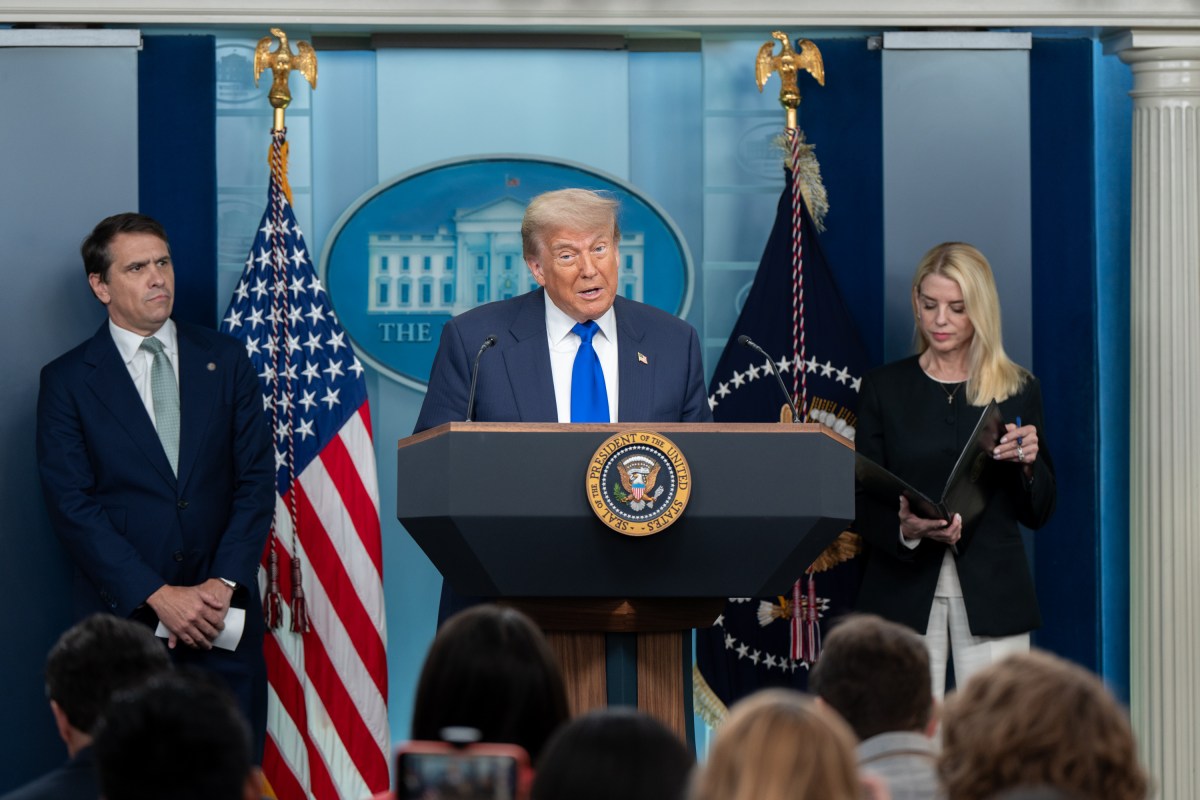 President Donald Trump holds a press conference with Attorney General Pam Bondi and Deputy Attorney General Todd Blanche in the James S. Brady Press Briefing Room on Friday, June 27, 2025. (Official White House Photo by Abe McNatt)