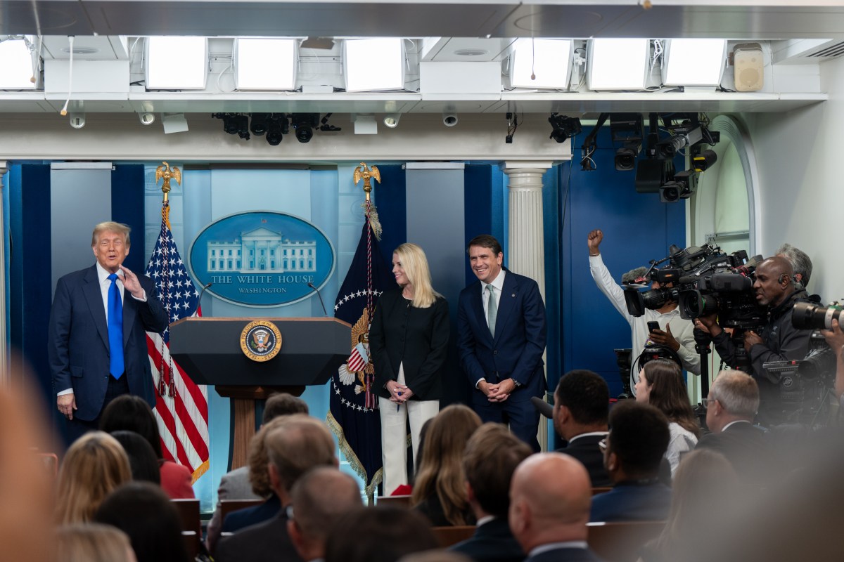 President Donald Trump holds a press conference with Attorney General Pam Bondi and Deputy Attorney General Todd Blanche in the James S. Brady Press Briefing Room on Friday, June 27, 2025. (Official White House Photo by Abe McNatt)