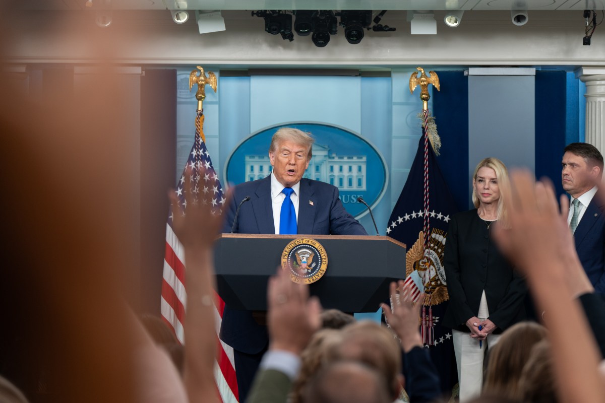 President Donald Trump holds a press conference with Attorney General Pam Bondi and Deputy Attorney General Todd Blanche in the James S. Brady Press Briefing Room on Friday, June 27, 2025. (Official White House Photo by Abe McNatt)