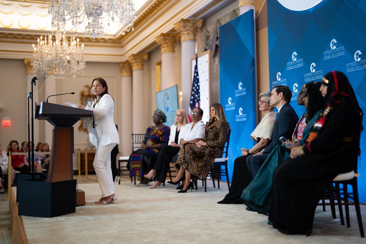 Amit Soussana, attorney and Israeli hostage survivor of the October 7, 2023, attack by Hamas, speaks at the 19th International Women of Courage Awards Ceremony, Tuesday, April 1, 2025, at the U.S. Department of State in Washington, D.C. (Official White House Photo by Andrea Hanks)