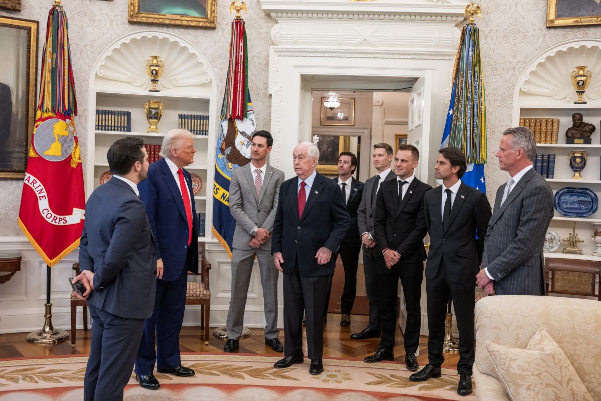 President Donald Trump participates in a photo opportunity with 2024 NASCAR Cup Series Champion Joey Logano and other racing champions, Wednesday, April 9, 2025, at the South Portico of the White House. (Official White House Photo by Daniel Torok)