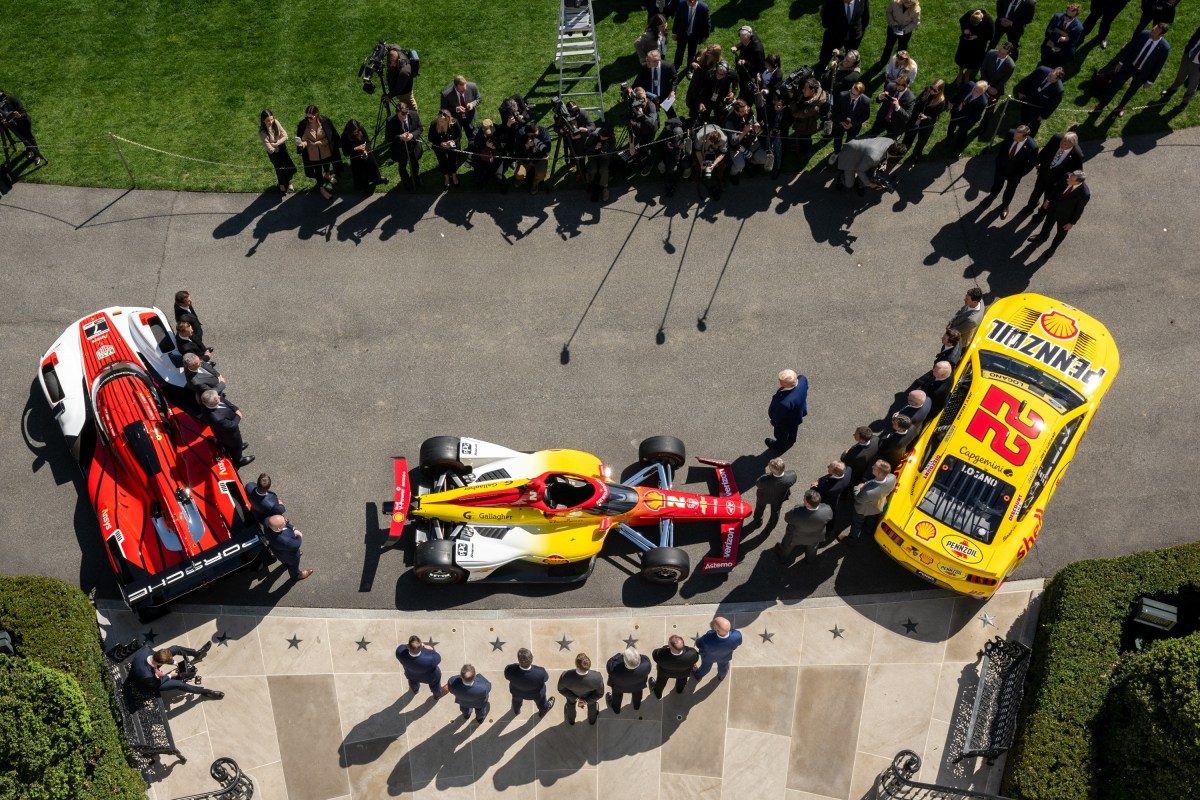 President Donald Trump participates in a photo opportunity with 2024 NASCAR Cup Series Champion Joey Logano and other racing champions, Wednesday, April 9, 2025, at the South Portico of the White House. (Official White House Photo by Molly Riley)