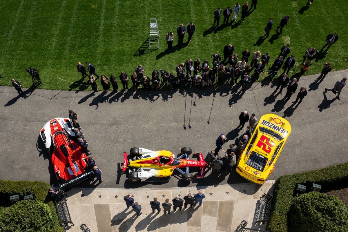 President Donald Trump participates in a photo opportunity with 2024 NASCAR Cup Series Champion Joey Logano and other racing champions, Wednesday, April 9, 2025, at the South Portico of the White House. (Official White House Photo by Molly Riley)