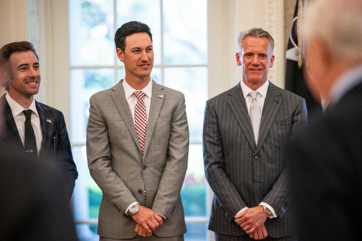 President Donald Trump participates in a photo opportunity with 2024 NASCAR Cup Series Champion Joey Logano and other racing champions, Wednesday, April 9, 2025, at the South Portico of the White House. (Official White House Photo by Daniel Torok)