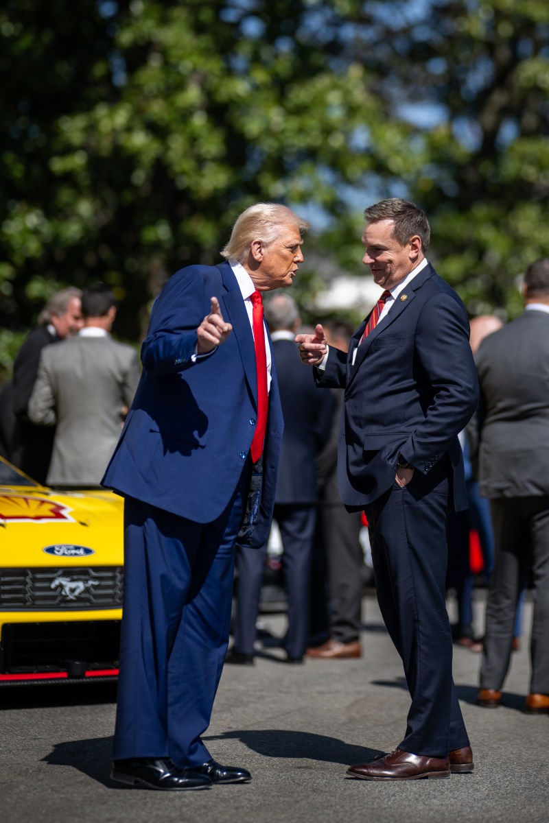 President Donald Trump participates in a photo opportunity with 2024 NASCAR Cup Series Champion Joey Logano and other racing champions, Wednesday, April 9, 2025, at the South Portico of the White House. (Official White House Photo by Daniel Torok)