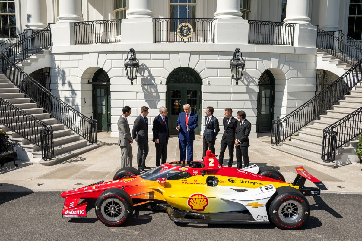 President Donald Trump participates in a photo opportunity with 2024 NASCAR Cup Series Champion Joey Logano and other racing champions, Wednesday, April 9, 2025, at the South Portico of the White House. (Official White House Photo by Daniel Torok)
