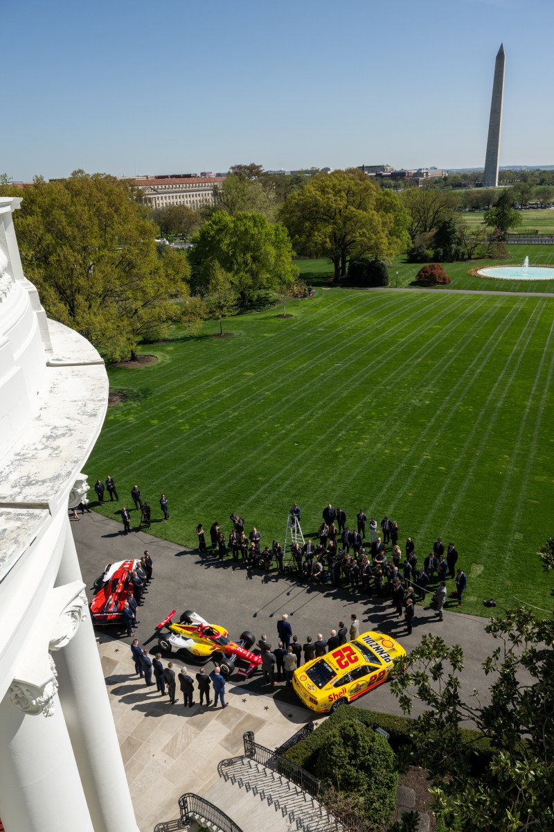 President Donald Trump participates in a photo opportunity with 2024 NASCAR Cup Series Champion Joey Logano and other racing champions, Wednesday, April 9, 2025, at the South Portico of the White House. (Official White House Photo by Molly Riley)